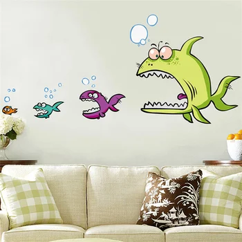  1PCS Cartoon Veľké Ryby Jesť Malé Ryby Samolepky na Stenu Pre Kúpeľňa detská Izba Podmorských Stenu, Dekorácie, Nálepky