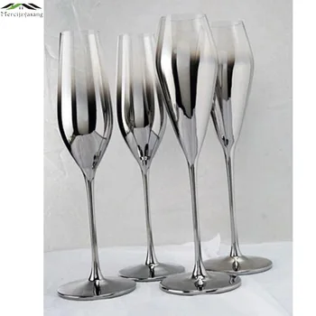  2 KS/VEĽA Lesklý Strieborný kovový šampanské flauty Crystal pre svadbu/strana červené víno pohár brandy fire okuliare taza de vidrio