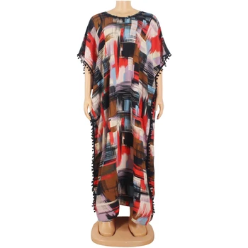  2020 Letné Farebné Šaty Dlhé Voľné Maxi Šaty, Módne Šaty, Pompom Batwing Rukáv Africkej Ženy Oblečenie