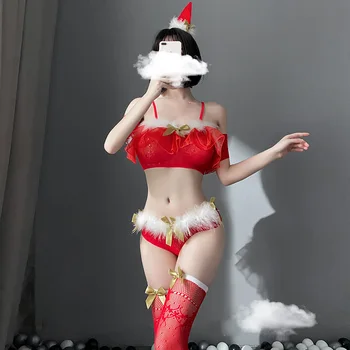  2020 Vianočné Cosplay Kostýmy, Sexy BowKnot Červená Spodná Bielizeň Chlpaté Podprsenka Remeň Rozkošný Horúcich Erotických Dievča Sieťovina Kombinézu Pre Ženy