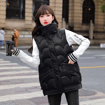 2021 Jeseň Zima kórejský Voľné dámske Vesta Dole Bavlna Svetlé Textílie na Sebe Teplé Vesta Dievča Vonkajšie Študent Čierna