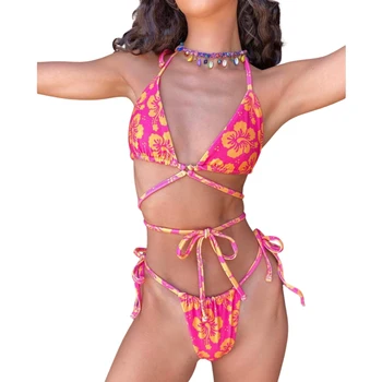  2022 Dámy Letné Plavky 2 Ks Predné Krajky-Up Bikini Vyhovovali Kvetinový Tlač Obväz Podprsenka + Low-Pás Krajky-Up Šortky Kúpanie Plážové Oblečenie