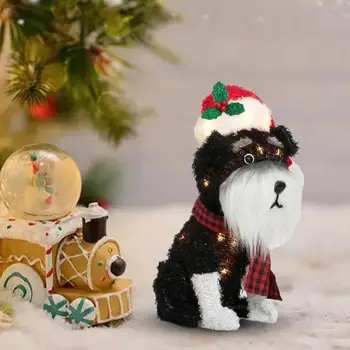  2D 36 cm Roztomilý Pes Načechraný Bradáči S Vianočné Hat Dekorácie Svetla Zimná Záhrada Vianočné Osvetlené Socha Dvore Dekor V5W2