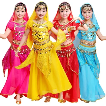  5 ks Dieťa Brušný Tanec Kostým Dievčatá Kostýmy Brušného Tanca Detí, Brušný Tanec Dievčat Indický Bollywood Výkon Dancewear Nastaviť