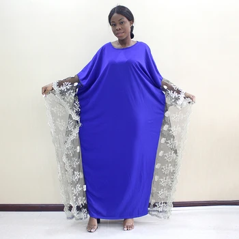  Africké Textílie, Čipky Na Šaty O-Krku Zafír Modrá Farba Batwing Rukáv Čipky Elegantné Ušľachtilý Lady Šaty Moslimské Oblečenie