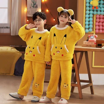  Anime Kawaii Deti Luxusné Pyžamo Pokémon Pikachu Roztomilé Plyšové Pyžamo Dve Dielna Sada Pribrala Teplé Jesenné Zimné Domov Nastaviť Chlapec Dievčatá