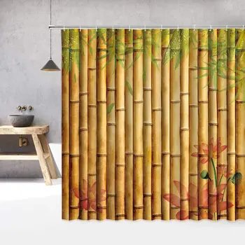  Bambusové Sprchové Závesy Čínskych Kvetov Tropického Exotické Jarnej Prírody Kvetinový Textílie Kúpeľňa Decor Súpravy s Háčikmi Žltá Zelená