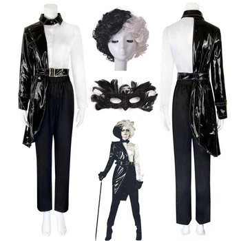  Cruella De Víl Cosplay Kostýmy Kožená Bunda Čierna Biela Jednotné Obleky, Ženy, Dievčatá Cruella Úlohu Hrať Kostým Na Halloween