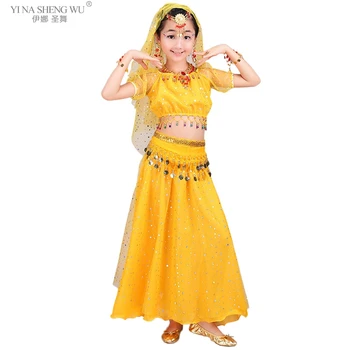  Dievčatá, Bollywood Dance Kostým Nastaviť Deti, Brušný Tanec Indickej Sari Deti Šifón Oblečenie Halloween Top Pás Sukne Závoj Pás Reťazca