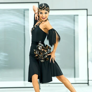  Dospelí latinské Tanečné Oblečenie Šikmé Rameno Hore latinskej Sukne Ženy Ballroom Dance Súťaže Kostýmy Parctice Nosenie SL7811