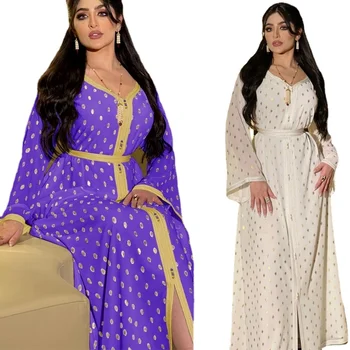  Dva Kusy Moslimské Oblečenie Sady Abaya Jalabiya pre Ženy Lete Fialové Zlato Dot Eid Strane Marocký Kaftan Župan Arabskom Dubaji Oblečenie
