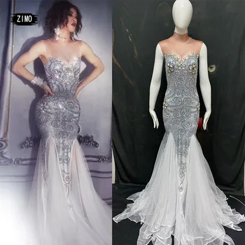  elegantné Crystal silver Drahokamu poschodí oka Šaty pre ženy, Narodeniny, svadobné party Šaty club stage drag queen festival oblečenie