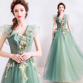  fazuľa zelená rozstrapatené golier víla šaty stredoveké šaty princezná Renesancie Šaty kráľovná Viktoriánskej /Marie/ Belle Ball/plesové šaty
