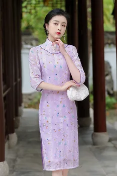  FZSLCYIYI Sexy Korálkové Mandarin Golier Trúby Rukáv Qipao Elegantné Čínske Ženy Eambrodiery Šifón Cheongsam