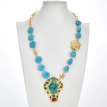  GG Šperky Modrá Tyrkysová Kvet elektrolyticky pokrývajú Obrúbená Biela Biwa Pearl Reťazca Tyrkysový Náhrdelník Jades Spevnené Prívesok