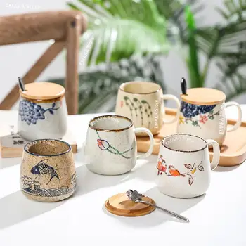  Japonský tvorivé keramické šálky veľké raňajky pohár ovsených vločiek mlieko pohár veľkú kapacitu, ručne maľované známky pohár retro teacup