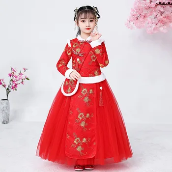  Jesenné A Zimné Girl Cheongsam Starovekej Čínskej Vzor Plyšové Tang Nový Rok Šaty Čínsky Výšivky Kvetinový Vzor