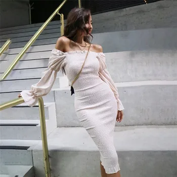  Jeseň Dlhý Rukáv Lomka Krku Šaty Žien Elegantné Volániky Bodycon Midi Šaty Lady Slim Skladaný Ležérne Oblečenie 2020