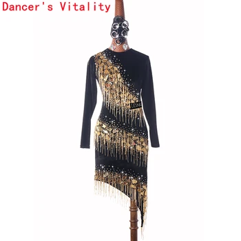  Latinská Tanečnej Súťaže Oblečenie Long-sleeve Ohlávka Gold Glitter Šaty Žien Vlastný Profesionálny Výkon Tanečné Oblečenie