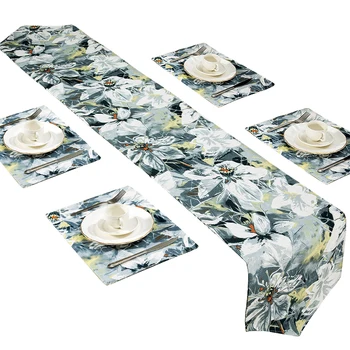  Moderné Zelené Kvetinové Stôl Runner + 4 Stravovanie Prestieranie Tablemats Domova Svadobné Party Dekorácie