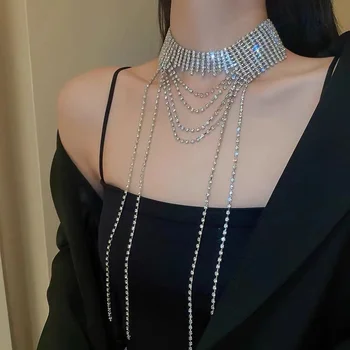  Módne luxusné dámske strapec multi riadok Drahokamu Náhrdelník vyhlásenie žien svieti Crystal Svadobný Náhrdelník Klubu Strany Šperky