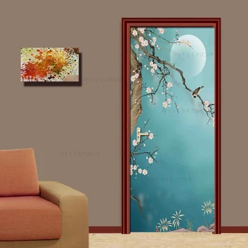  Nepremokavé samolepiaca 3D dvere nálepky obývacej izby, spálne, dvere, domáce dekorácie, ručne maľované slivkové kvety a vtáky tapety