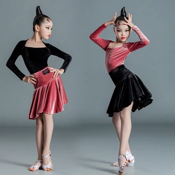  Nové Dlhý Rukáv latinské Tanečné Oblečenie pre Deti, Jeseň, Zima Dievčatá Velvet Školenia Triedenie Profesionálnej Súťaži Oblečenie