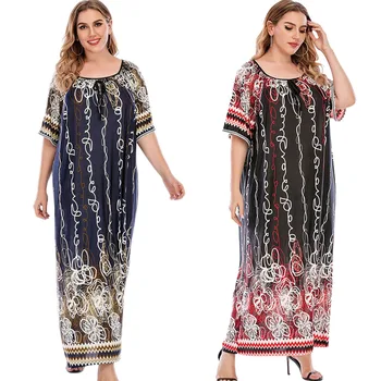  Nové Plus Veľkosť Vytlačené Príležitostné Voľné Dlhé Šaty s Krátkym Rukávom Letné Kaftan Pre Ženy Abayas O-krku Arabských Vestido Blízkom Východe Dubaj