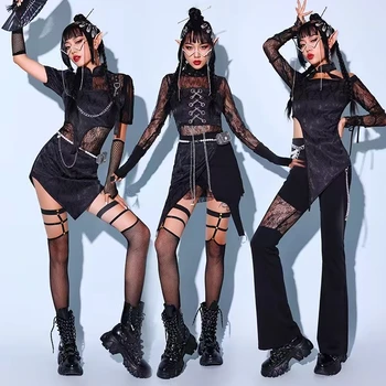  Nové Čierne Jazz Tanečných Kostýmov, Ženy Sexy Čipka Gogo Tanečnica Oblečenie Hip Hop Oblečenie Kórejský Spevák Fáze Kostým Dj Ds Rave Nosenie