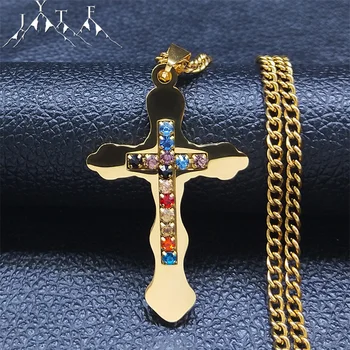  Náboženstvo Farebné Crystal Nehrdzavejúcej Ocele Kríž Náhrdelník Muži/Ženy, Zlatá Farba Dlhý Náhrdelník Šperky collier inoxydable N4918S05