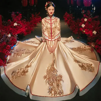  Orientálna Korálkové Phoenix Výšivky Strapec Čínske Tradičné Svadobné Cheongsam Nevesta Ženícha Qipao Šaty китайская одежда