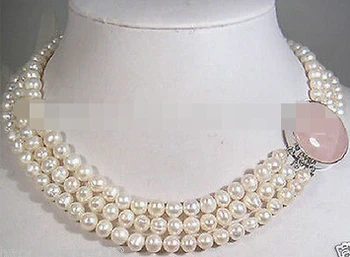  Očarujúce 3 riadky 7-8mm akoya white pearl náhrdelník 17-19 palcový