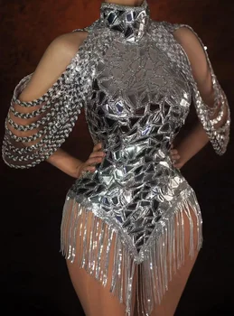  Sequin Zrkadlo Svieti Šaty Pre Ženy Silver Black Fringe Backless Drag Queen Oblečenie Fáze Zabávači Karnevalové Kostýmy Gatsby