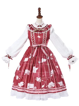  Sladké Lolita JSK Šaty Jeseň List Tlač Luk Prehrabať Červená Lolita Jumper Sukne Originálny Dizajn