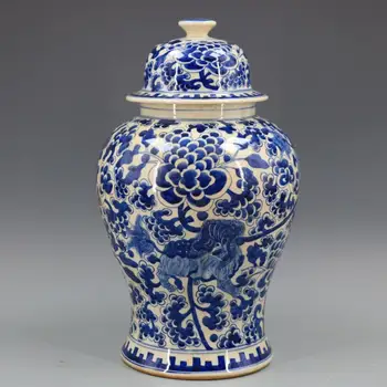  Starožitný Čínska Porcelánová Váza s Vekom, Modré a Biele Lev Zvierat Farby Zázvor Jar a Vázy Starožitné Domova pre Obývacia Izba