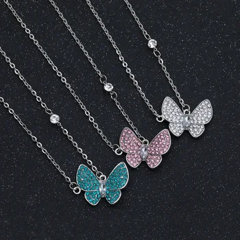  Strieborná Farba Crystal Bling CZ Motýľ Choker Náhrdelník pre Ženy, Dievčatá Zelené Biele, Ružové a Zvierat Prívesok Šperky, Náhrdelníky Darček