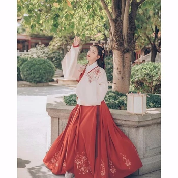  Tradičné Hanfu dámske Šaty Furong Mesiac Vyšívané Bunda Sukne druhý Breh Vyšívané Červený Kôň Tvár Sukne Denne Štýl