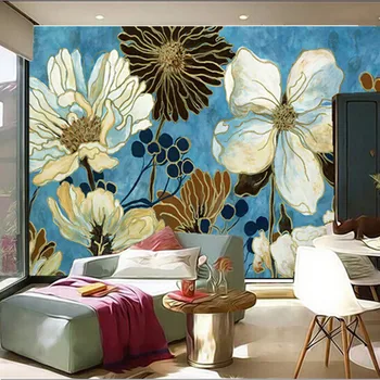  Vlastné 3D maľby,Modrá malé čerstvé kvitnúce chryzantémy olejomaľba,obývacia izba gauč TV steny, spálne, tapety