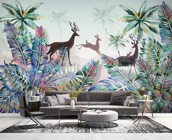  Vlastné 3D nástennú maľbu, tapety ručne maľované Nordic tropických rastlín lesnej krajiny elk svetlo luxusné nástenné dekorácie, maliarstvo