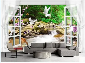  Vlastné nástenné 3d foto tapety Scenérie za oknom vodopád les white dove izba tapety na steny 3 d v kotúčoch