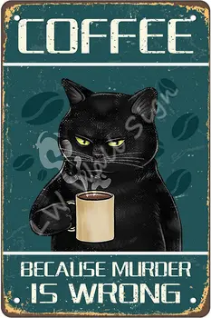  Vtipné Black Cat Tin Znamenie,Vintage Retro Plagátu Obrazy Cute Cat&Coffee Domov, Spálne, Obývacie Kúpeľňa Dekorácie Obrázok Darček