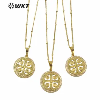  WT-MN969 Módne Zlato elektrolyticky pokrývajú Náboženské Kovový Kríž Náhrdelník S Zirkón Nastavenie Kolo Kresťanský Kríž Nekclace