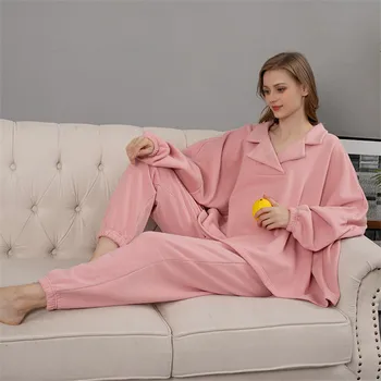  Zimné Pyžamo Nastaviť Zahusťovanie 2 Kusy Ženy Farbou Príležitostné Voľné Teplé Sleepwear Elegantné Jeseň Odev Pyžama