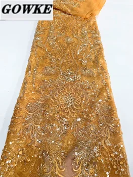  Zlato Nigérijský Ťažké Ručné Sequin A Perlové Tylu Čipky Textílie Luxusné Perla Afriky Textílie Francúzsky Pre Svadobné Party Šaty Šiť