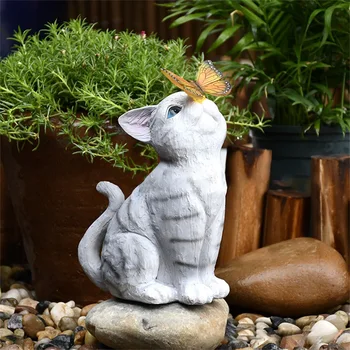  Zviera Záhradné Sochy Cute Cat Solárne Záhradné Sošky Živice Trávnik Ornament s Svetlá