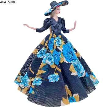  Čierna Modrá francúzska Kvetinové Šaty pre Bábiku Barbie Oblečenie, Oblečenie Ručné Party Šaty & Veľký Klobúk 1:6 Bábiky, Príslušenstvo Deti Hračky