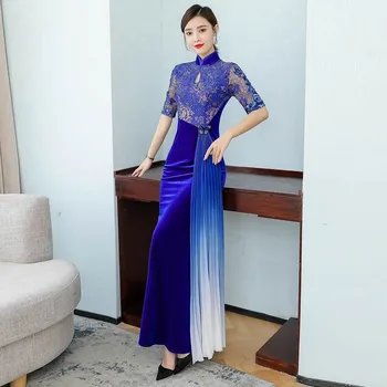  Čipky Modrá Qipao Velvet Večerné Šaty Duté Vzor Dĺžka Podlahy Ples Šaty, Šaty Na Zákazku Starovekej Čínskej Dlho Cheongsam