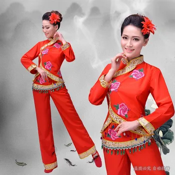  Čínske tradičné kroje yangko pás bubon ventilátor tanečné oblečenie červený kvet výšivky skupiny danceclassical tanečné kostýmy