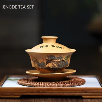  Čínsky Yixing Fialová Hliny Gaiwan Surovej Rudy Oddiel Blato Handpainted Čaj Misy Tradíciu Čaj Maker Čaj Nastaviť Domácnosti Drinkware