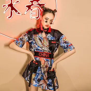  Čínsky Štýl, Tlač Krátke Rukávy Sexy Šaty Nočný Klub Ds Výkon Šaty, Sukne Pás Ženy Fáze Výkonu Oblečenie